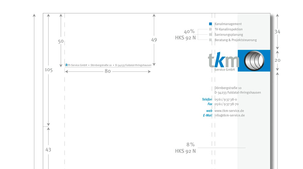Briefkopf mit Maßen und Angaben zu Schrift und Farbe